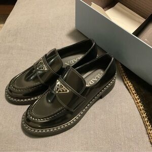 Prada Authentic Ladies Glossy Black Slip-On Loafers